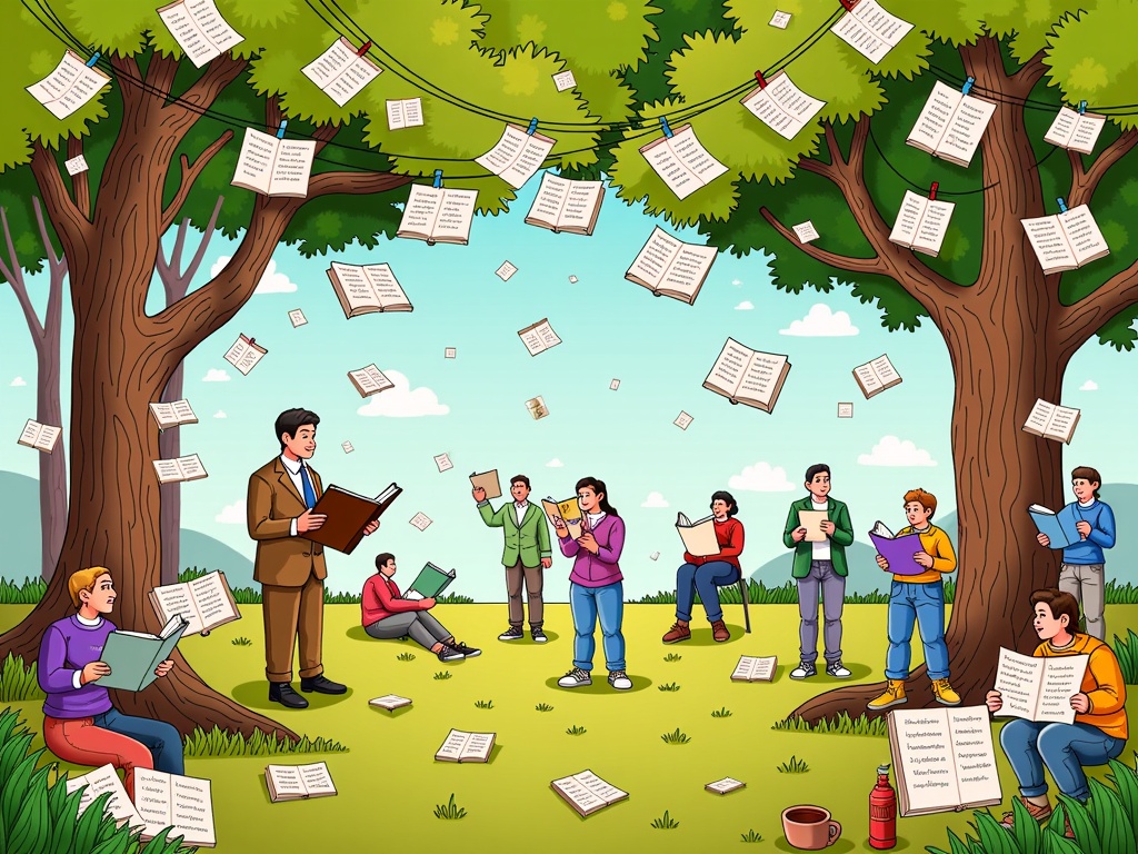 A whimsical illustration style where park trees have pages of poetry inscribed on their leaves or hanging from branches like bunting. People are scattered around, some reading the 'poetry leaves,' others listening to a central reader, conveying a magical, literary park experience.