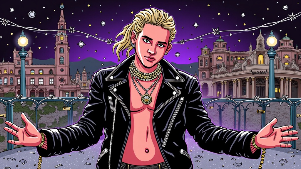 A dynamic split-panel illustration showcasing Post Malone's transformation into his vampiric glam rock persona, with imagery of Hollywood landmarks subtly 'bleeding' or decaying amidst barbed wire and glitter.