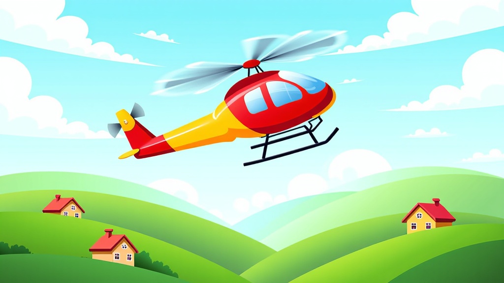  a red and yellow helicopter flying over a green landscape. The helicopter is in the center of the image, with its wings spread wide and its propellers spinning. The sky is blue with white clouds scattered across it. The landscape below is a mix of green hills and valleys, with a few small houses scattered throughout. The houses are of different sizes and colors, with some having red roofs and others having yellow roofs. The overall color scheme of the landscape is bright and cheerful, with shades of blue, green, and yellow.