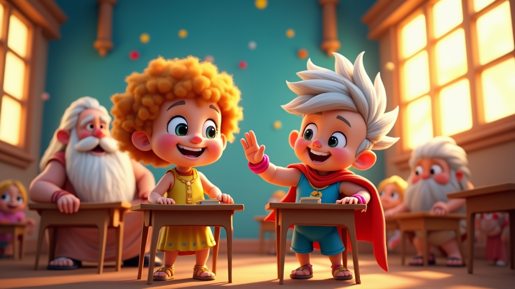 An animated show depicting the gods as children attending a celestial school, learning about their powers and ancient myths, with humor and adventure.