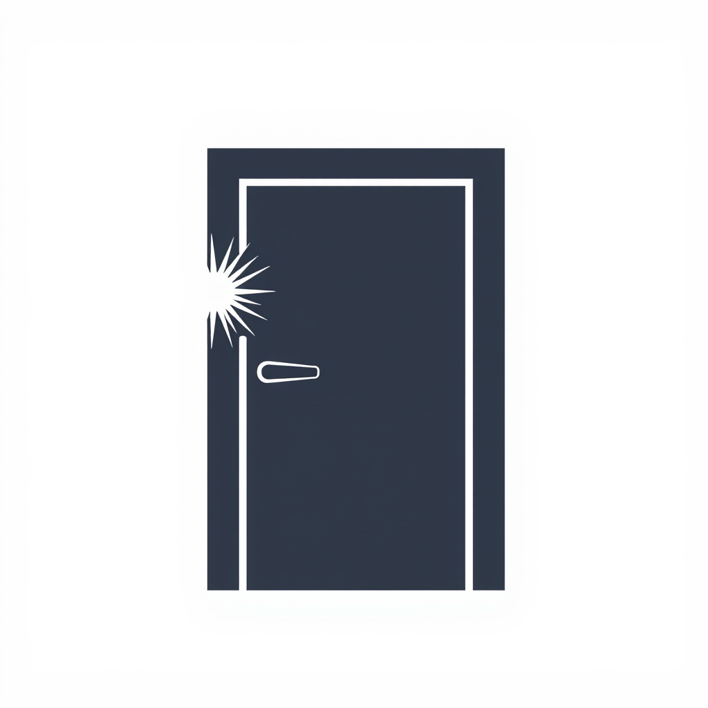 A simple door silhouette with a burst of light at the handle, symbolizing opportunity and access.