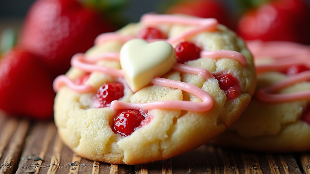 A white chocolate cookie with strawberry chunks inside, and a small strawberry icing drizzle, topped with a tiny white chocolate heart.