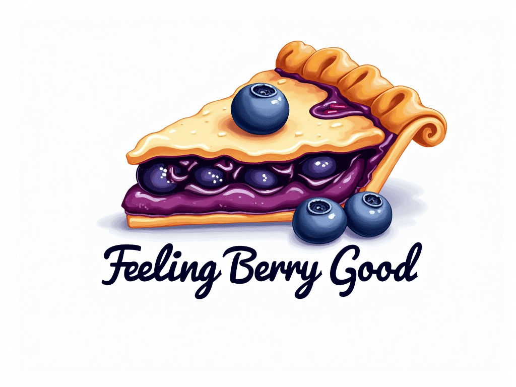 Focus on texture: Use a watercolor or painterly style for the blueberry pie slice graphic, emphasizing the gooey filling and flaky crust. The text 'Feeling Berry Good' could have a subtle texture overlay and be placed beneath the graphic.