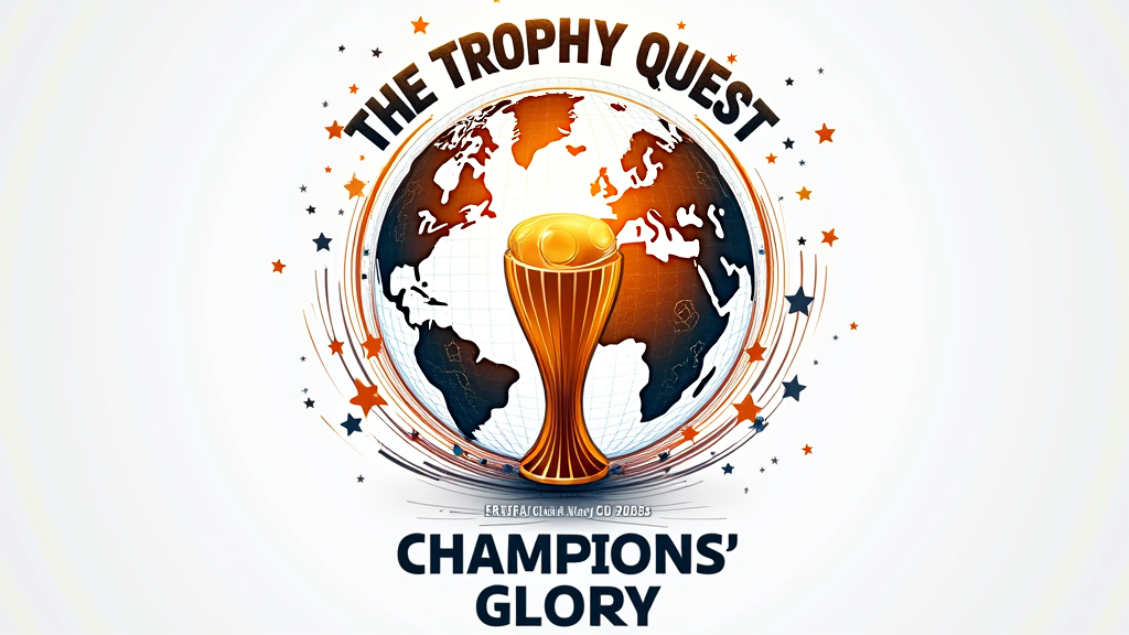 Global Convergence: A design featuring a stylized globe with dynamic lines representing different continents or clubs converging towards a radiant FIFA Club World Cup trophy at the center. The text 'The Trophy Quest: FIFA Club World Cup 2025' encircles the design, with 'Champions' Glory' beneath the trophy.