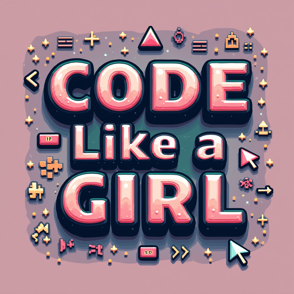 The phrase 'Code Like a Girl' written in a pixel art font, reminiscent of retro video games, with small pixelated icons of coding elements (e.g., curly braces, semicolons, a mouse pointer) surrounding it.