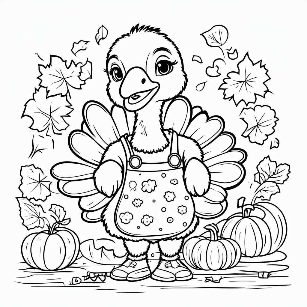 Cute cartoon turkey wearing an apron, perfect for a Thanksgiving illustration.