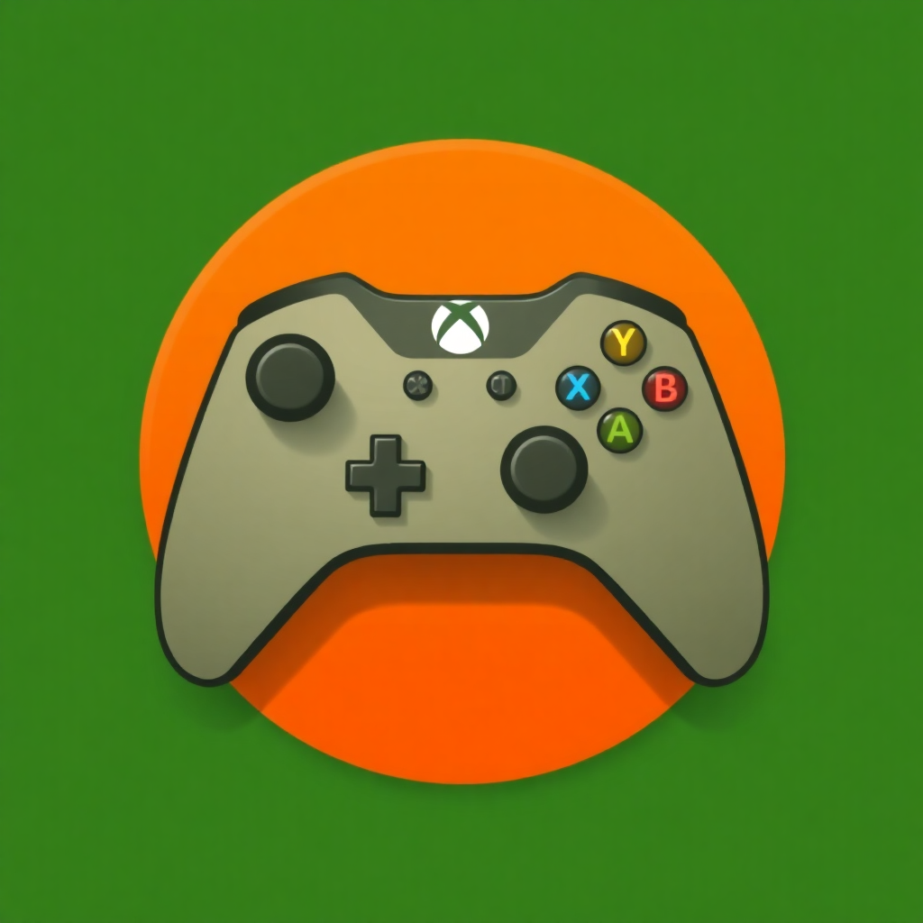 The image is a graphic illustration of a gaming controller. The controller is in the center of the image, with an orange circle surrounding it. The background is a solid green color. On the controller, there are four buttons - a plus sign, a letter A, a B, and a C - arranged in a circular pattern. The buttons are black and appear to be made of plastic. The overall design is simple and minimalistic.