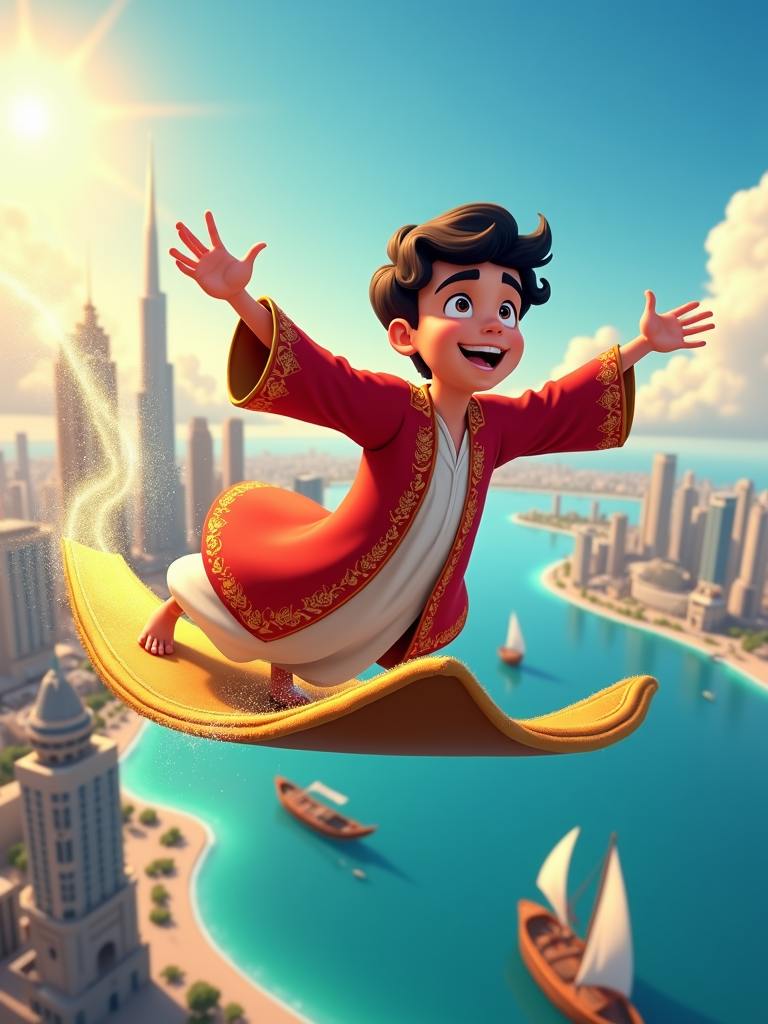 A scene depicting Khalid flying on a magic carpet over iconic Qatari landmarks like the Doha skyline or traditional dhow boats, with the lamp emitting a trail of sparkly magic.