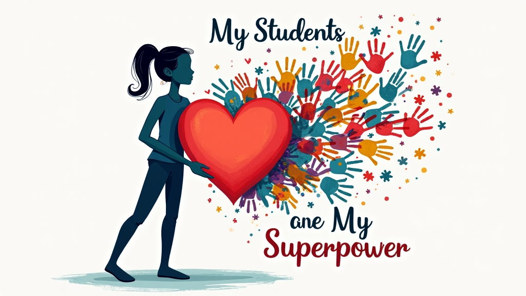 Collaborative Power-Up: 'My Students are My Superpower' in a clean, modern font. The 'superpower' aspect is shown by many small, colorful handprints, puzzle pieces, or abstract shapes (representing diverse students) coming together to form one larger, impactful symbol of power – like a glowing lightbulb, a shield, or a large heart – which is either held by or emanating from a simple teacher outline.
