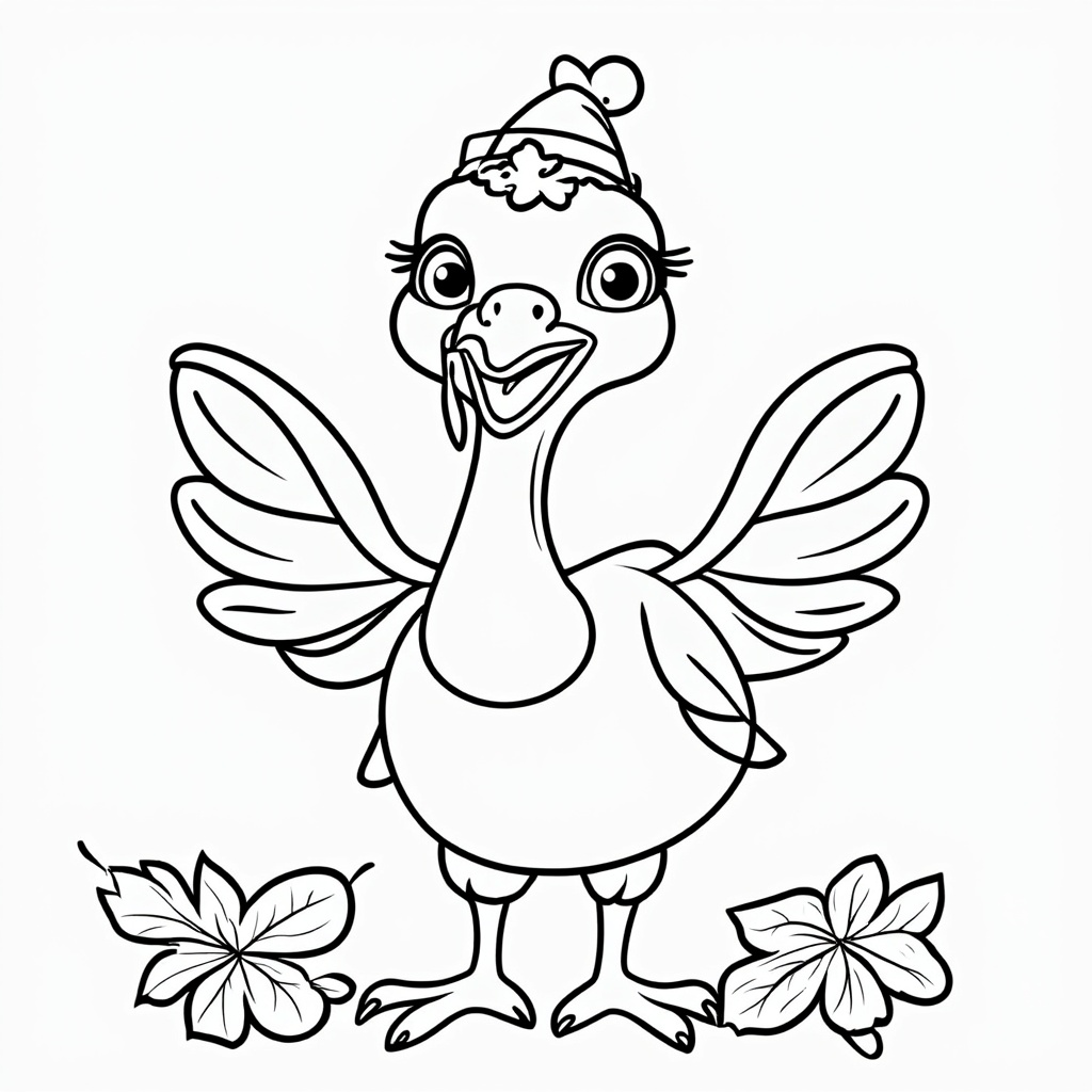 Turkey drawing with exaggerated features like big round eyes and a tiny hat perched on its head.