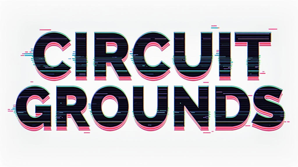 Simple Logo Idea: The words 'CIRCUIT GROUNDS' typeset where each letter exhibits a different minor glitch effect – one might be slightly pixelated, another might have a subtle color channel shift, and another a slight horizontal displacement, creating an overall dynamic, tech-infused glitched look while remaining legible.