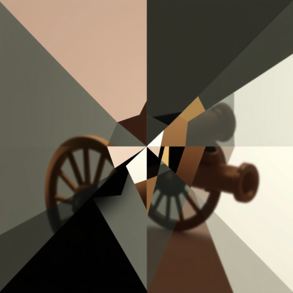 Fragmented Perspective: Depict the cannon through multiple overlapping, abstract fragments or facets, as if viewed through a prism or in a cubist style. Each fragment could highlight a different aspect or angle of the cannon.