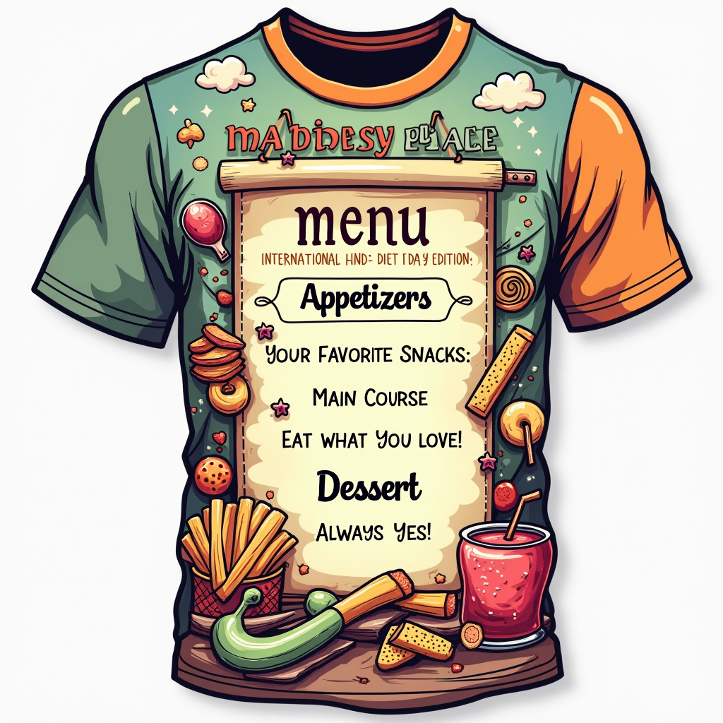 A t-shirt design styled as a playful 'Happiness Menu' or 'Recipe for a Happy Day.' Sections could include 'Appetizers: Your Favorite Snacks,' 'Main Course: Eat What You Love,' 'Dessert: Always Yes!' Header: 'My Happy Place. International No Diet Day Edition.'