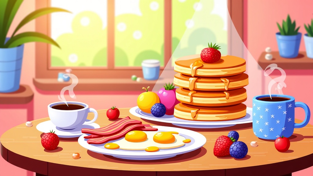  a breakfast table in a room with a window in the background. On the table, there is a stack of pancakes with syrup and a strawberry on top. There are also two cups of coffee on the table. The pancakes are golden brown and appear to be freshly cooked. There is a plate of bacon, eggs, and berries on the plate. The table is decorated with a blue mug with white stars on it and a few potted plants. The overall color scheme of the room is pink and green.