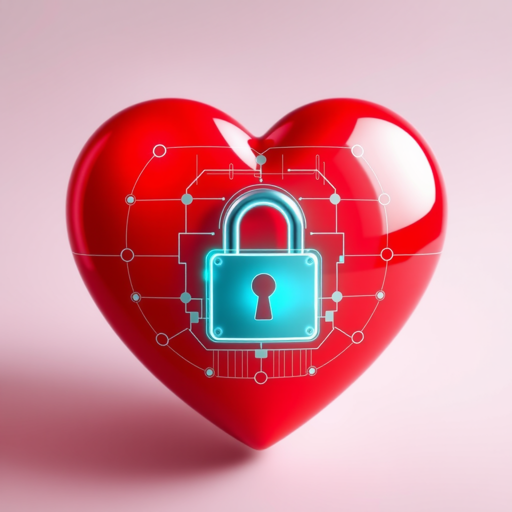 A heart with a digital lock interface overlay, symbolizing digital security in relationships or personal data protection related to love.