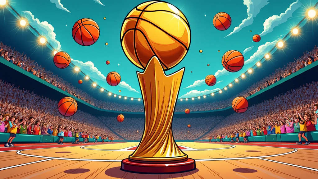 Retro comic book style illustration of the NBA Trophy. Heavy outlines and halftone pattern dots emulate classic comic textures, embedding the trophy into a nostalgic storytelling aesthetic.