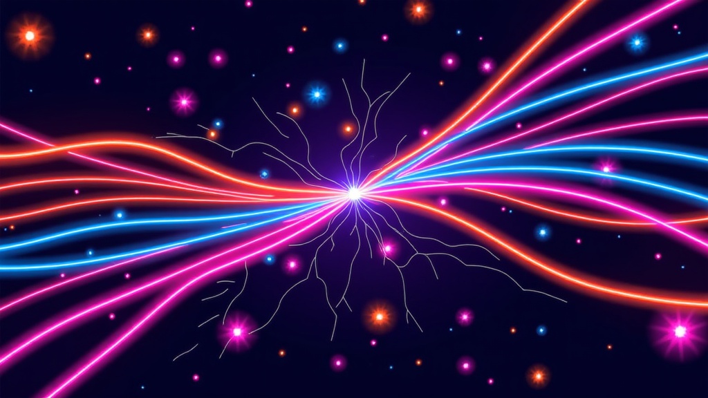 An abstract representation of a network or data stream, depicted with vibrant neon lines that are broken, rerouted, and corrupted by glitch patterns, symbolizing the fragility of the digital infrastructure.
