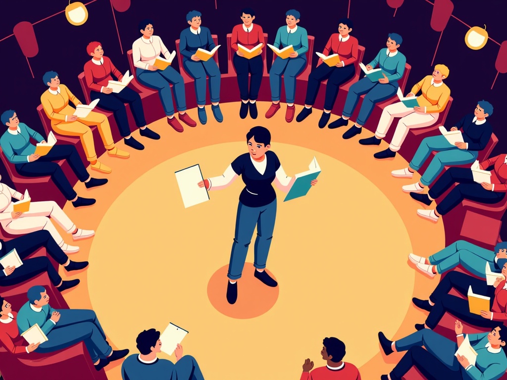 An overhead view of the stage, showing the poet at the center, manuscript in hand, surrounded by the semi-circle of the audience, highlighting the focal point.