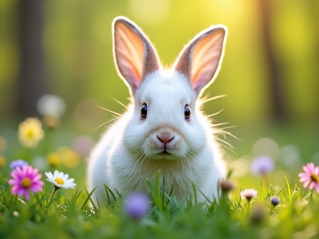 The image is a close-up of a white rabbit sitting in a field of green grass. The rabbit is facing the camera and is looking directly at the camera with a curious expression. Its ears are large and pointed, and its fur is soft and fluffy. The background is blurred, but it appears to be a garden or park with trees and flowers. The overall mood of the image is peaceful and serene.