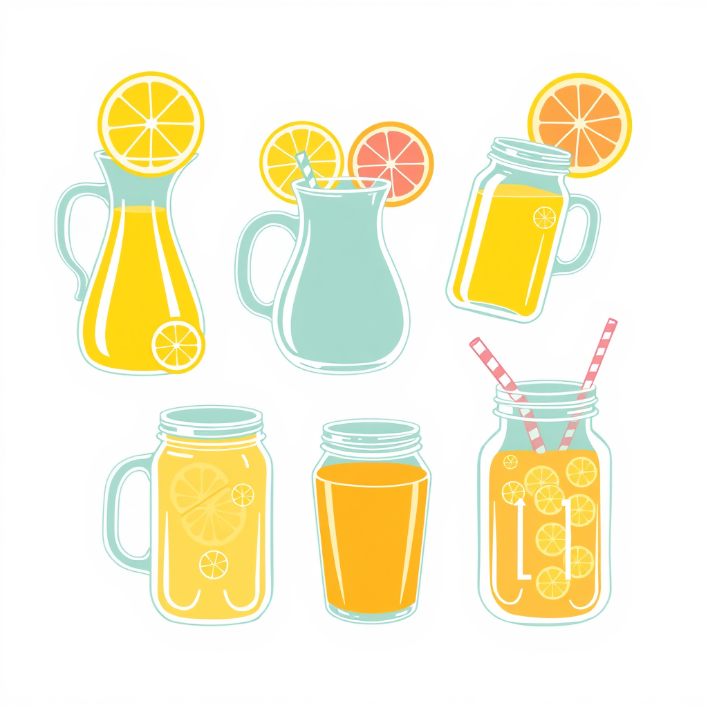 Sub-design Idea 4: Retro Homemade Refreshments. Icons showcasing lemonade in pitchers or mason jars, fresh juices with fruit slices, evoking a nostalgic lemonade stand. Style with bright (but slightly desaturated) yellows, pinks, greens, playful hand-drawn or retro sans-serif fonts, and perhaps checkered patterns.