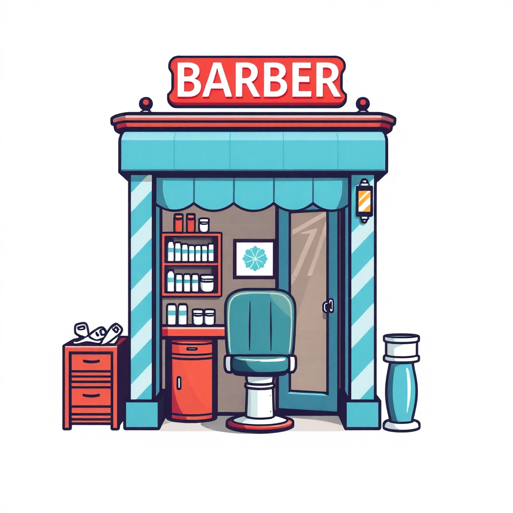 The image is an illustration of a barber shop. The shop has a blue and white striped facade with a red sign that reads Barber above the entrance. There is a blue barber chair in front of the shop with a white seat and backrest. On the left side of the image, there is a red cabinet with various hair products on it, including shampoo, conditioner, and conditioner bottles. Next to the cabinet, there are two blue vases. The overall color scheme of the illustration is blue, white, and red.