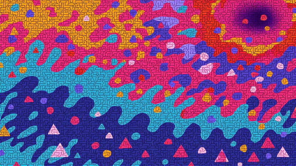 AI creates abstract geometric patterns and textures inspired by self-organizing natural systems like crystal growth, coral reefs, or cellular structures, visualized through algorithmic interpretations.