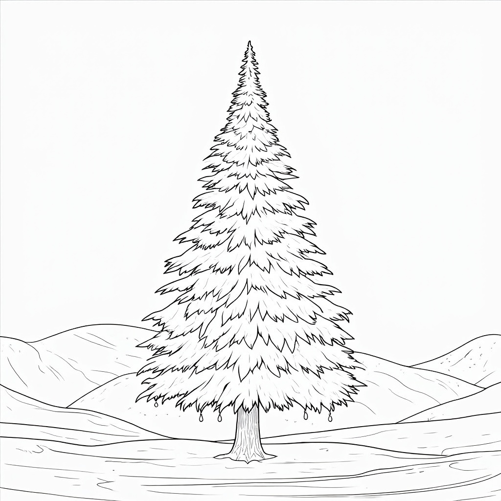 The image is a black and white line drawing of a tall pine tree in the middle of a landscape. The tree is tall and slender with a pointed top and a conical trunk. It is covered in a thick layer of snow, giving it a frosty appearance. The background of the image is filled with rolling hills and a body of water, creating a peaceful and serene atmosphere. The image is square in shape and has a simple, minimalist design.