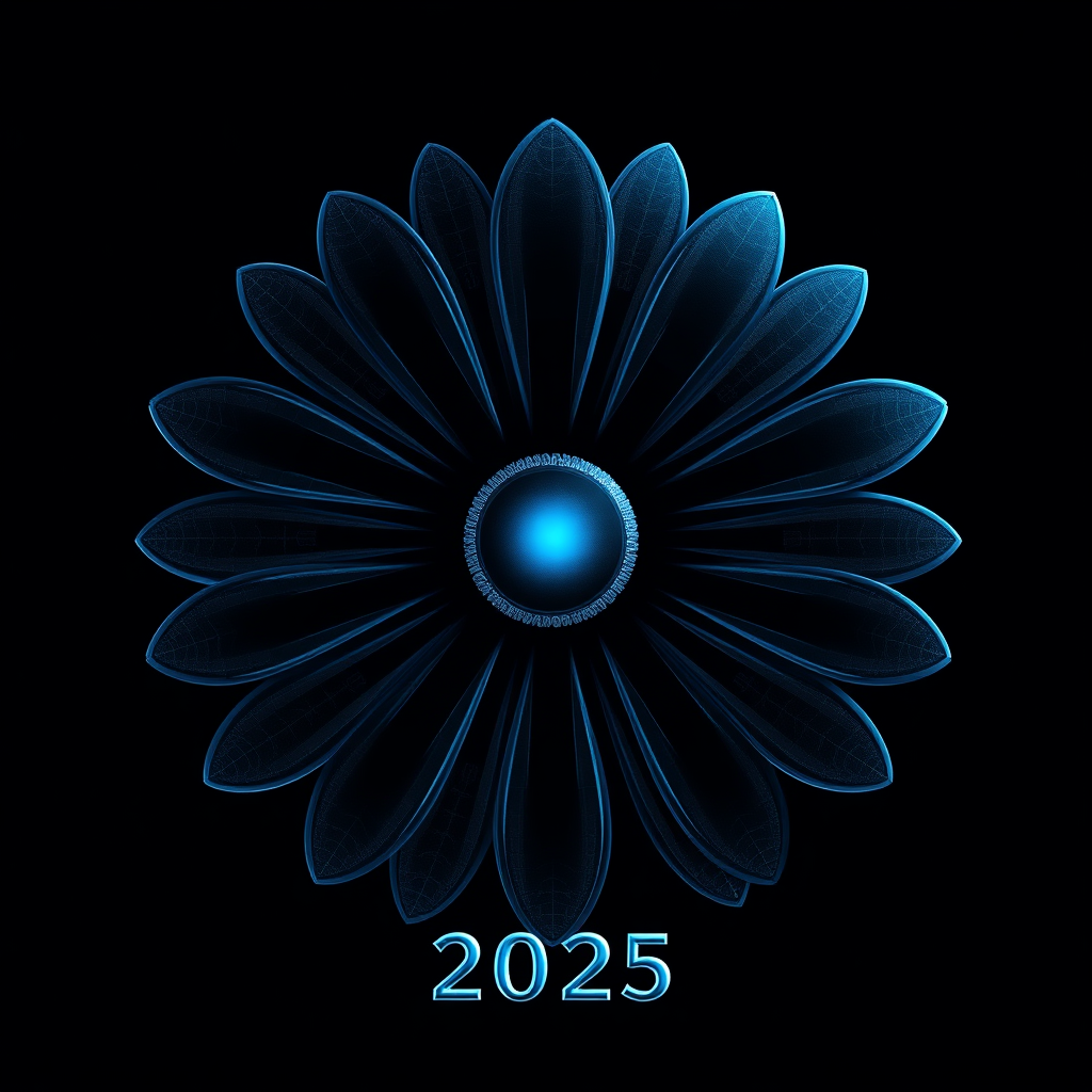 A central, iconic daisy silhouette. Petals feature subtle, shifting holographic patterns reminiscent of retro-futuristic interfaces. 'EDC 2025' is integrated using a clean, classic sans-serif font with a slight chrome finish.