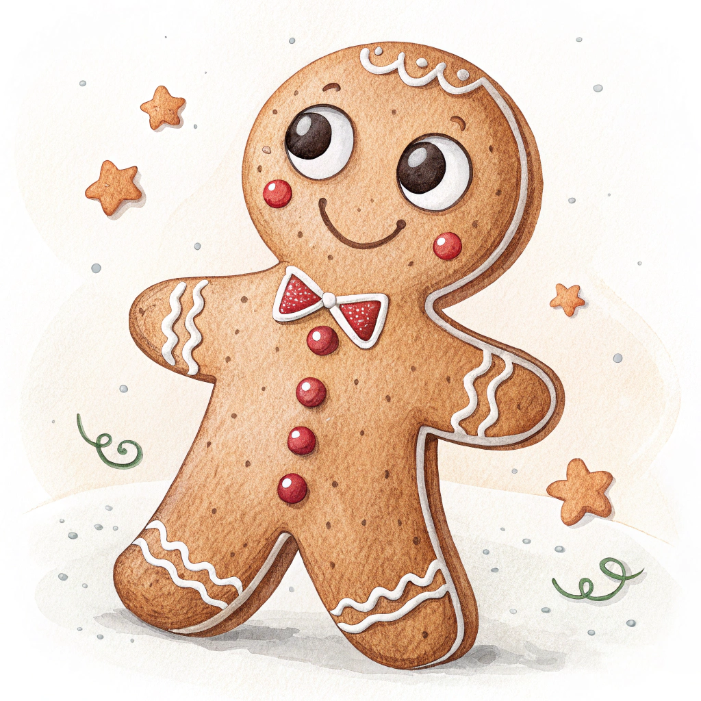 The image shows a watercolor painting of a gingerbread man with a bow tie, surrounded by a few other objects on a white background.