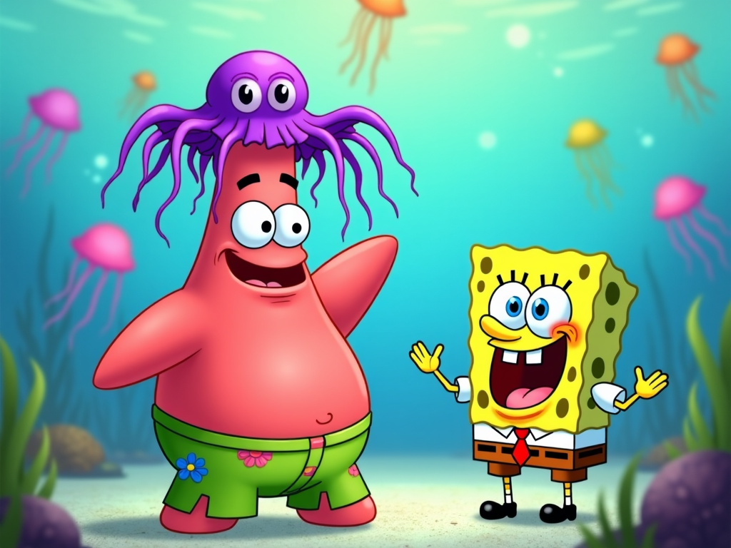 Patrick trying to fit a jellyfish on his head like a hat, while SpongeBob laughs and claps at Jellyfish Fields.