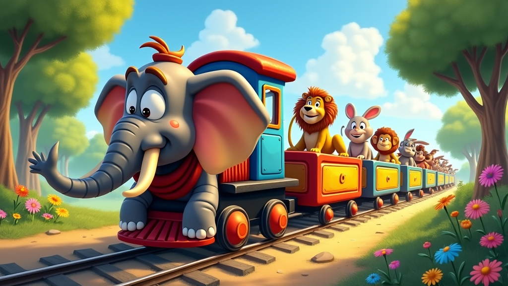 An elephant character is the engine of the train, with its tusks stylized as the front of the train, while other animals are sitting in the carts.