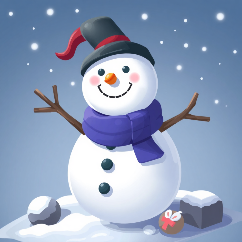 The image shows a snowman with a hat and scarf standing in the snow, surrounded by stones and a gift box. The background is a deep blue color with white dots scattered throughout.