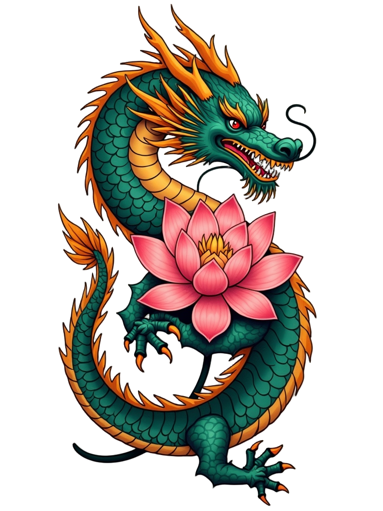 A majestic dragon clutching a lotus flower decorates a back, the tattoo blending symbolism of purity and power in a harmony of colors and forms.