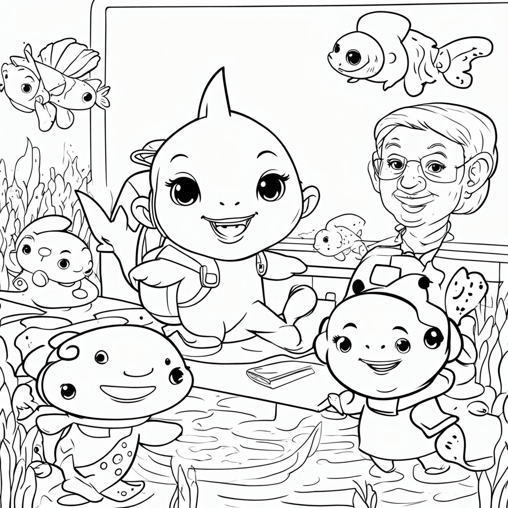 Baby shark attending a fish school session with other young marine life, a wise old fish with glasses teaching at the front.