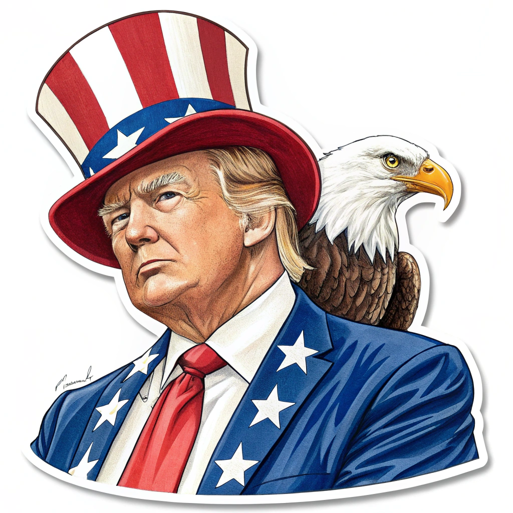 A sticker with Donald Trump in a classic Uncle Sam pose, with a bald eagle perched on his shoulder.