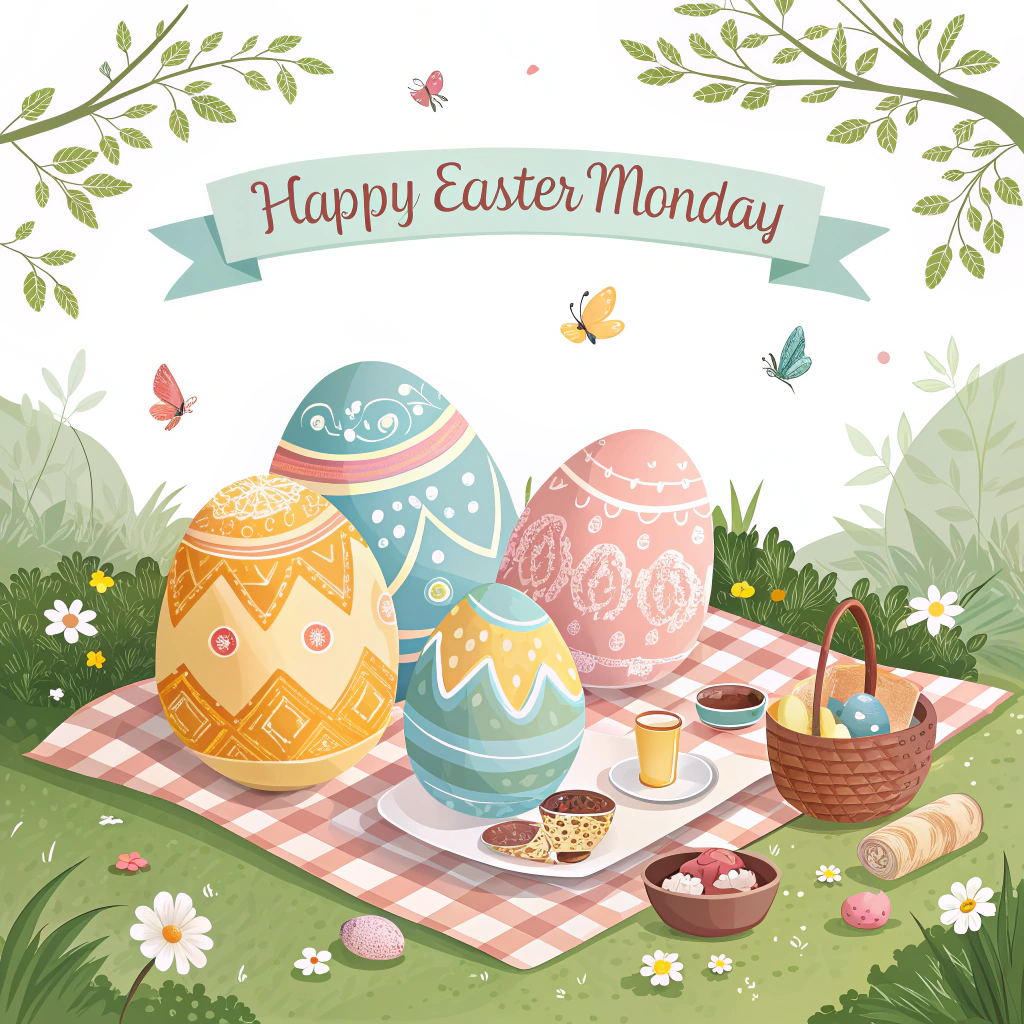 A sticker showing a group of pastel-colored Easter eggs having a picnic, with a banner reading 'Happy Easter Monday'.