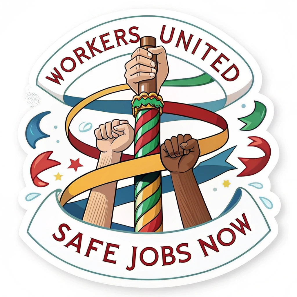 Sub-design 3 (Community Focus): Maypole topped with or formed by interlocked hands/raised fists, symbolizing unity. Ribbons carry demands like 'Workers United,' 'Safe Jobs Now.'