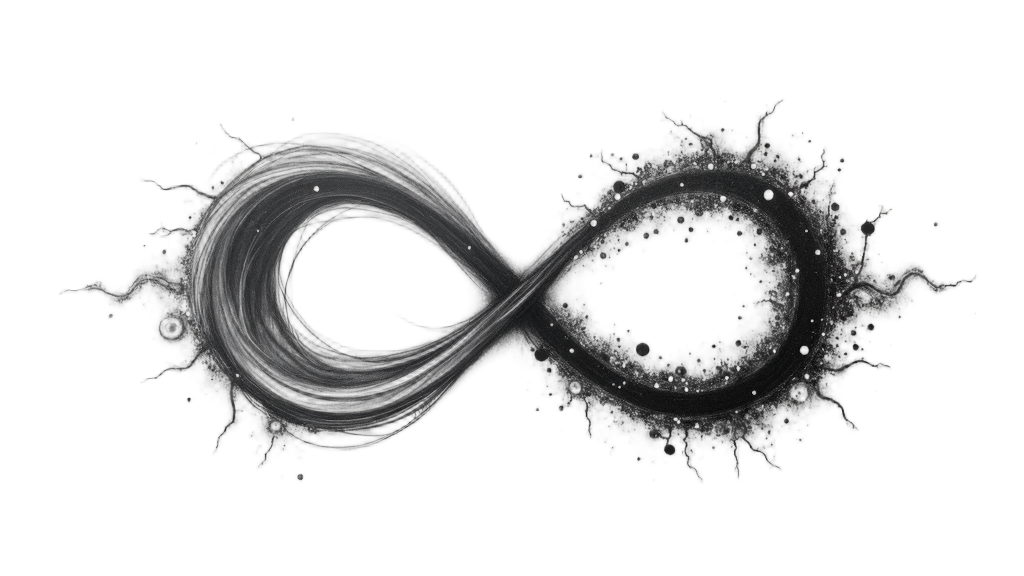 An abstract design using an infinity loop or Mobius strip, where one segment of the loop depicts a flowing wave pattern and the other segment is illustrated with discrete, particle-like elements, showing their interconnectedness.