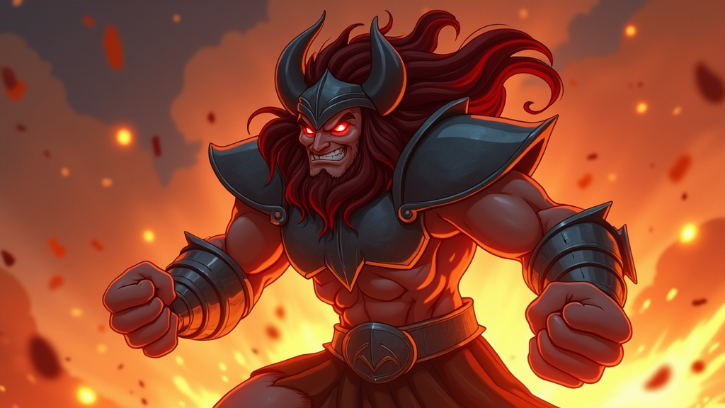 Ares as a figure of raw power and untamed rage, with fiery eyes and a powerful physique, emphasizing his connection to the destructive aspects of war.