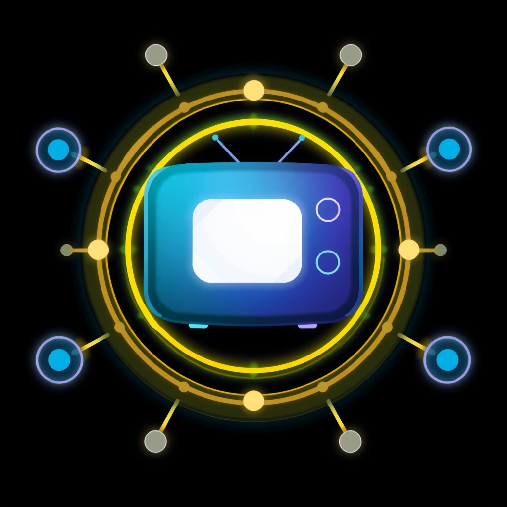 Dynamic Connectivity Rings: Glyphs where a core TV icon is surrounded by dynamic rings or orbs that subtly animate or change color/intensity to represent different states of AI-managed connectivity (e.g., active device, searching, connected).