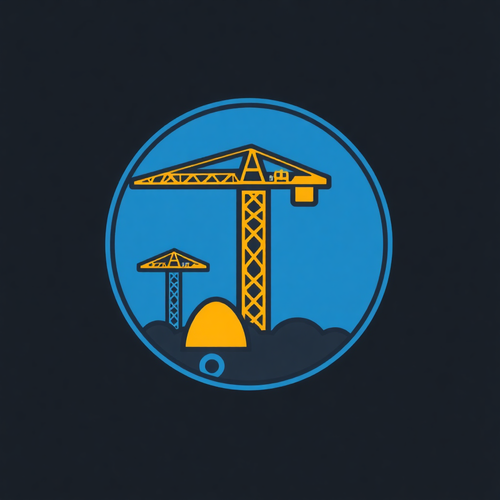 The image is a circular logo with a blue background. In the center of the logo, there is a yellow construction crane with a yellow dome on top. The crane is positioned in the middle of the circle, with the dome on the left side and the crane on the right side. The background is a solid blue color. The overall design is simple and minimalistic.