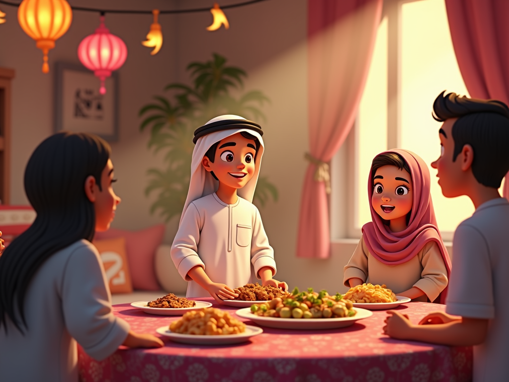 A heartwarming animation depicting a Qatari kid helping prepare for Ramadan and Eid, showcasing family unity and the joy of sharing, with a focus on traditional Qatari clothing and customs.