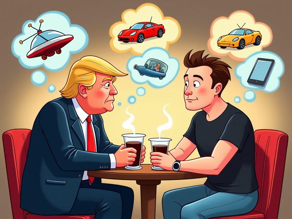 A light-hearted cartoon of Donald Trump and Elon Musk sharing a brainstorming session over coffee, surrounded by thought bubbles illustrating their wildest ideas.