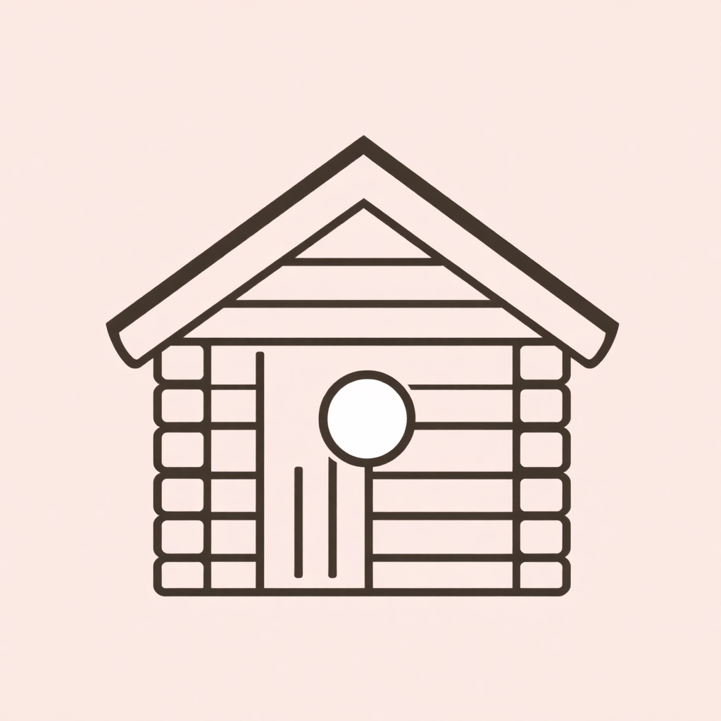 A stylized cabin icon composed of basic geometric shapes like triangles for the roof, rectangles for the walls, and a circle for a window, emphasizing a clean and modern look.