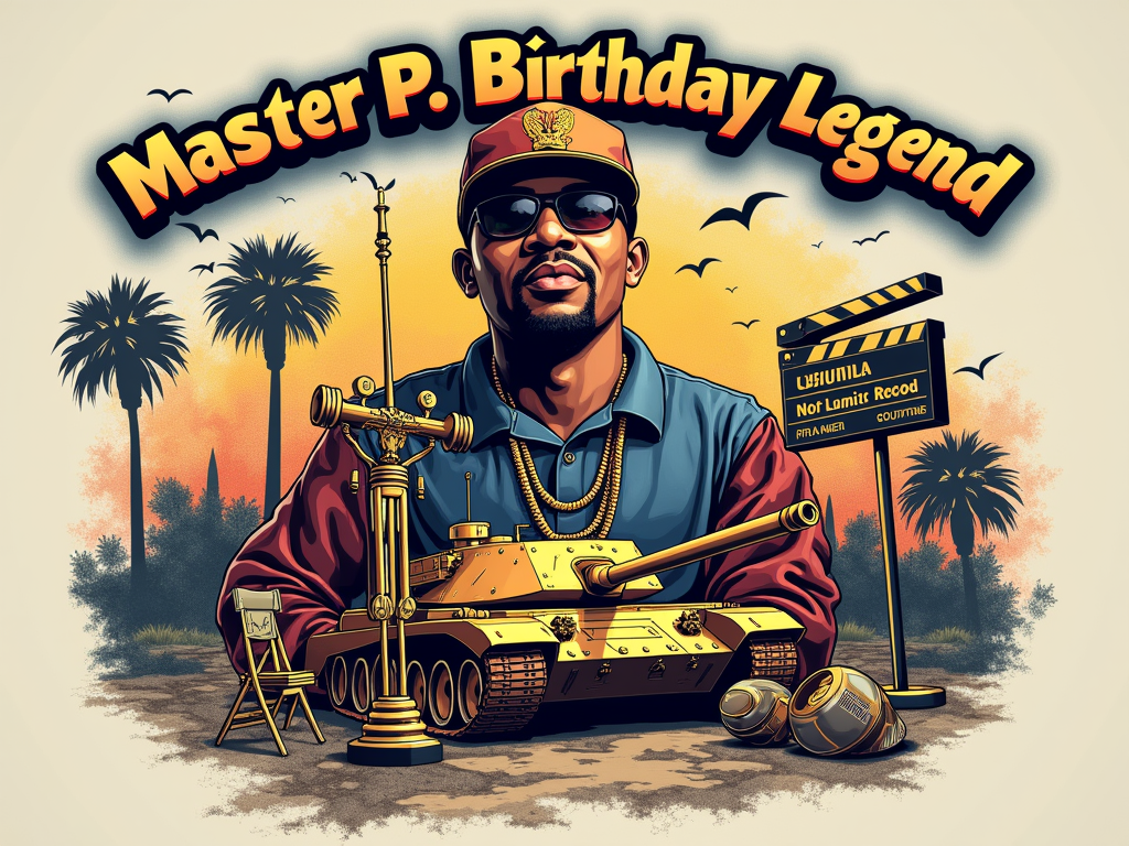 Sub-design Idea 4 (Illustrated Timeline): A graphic timeline illustrating Master P's journey. Start with symbols representing his early days in the 'Hood' (e.g., a microphone, a Louisiana map outline), transitioning through No Limit Records imagery (gold tank, platinum records), and culminating in Hollywood icons (director's chair, Oscar-like statue, film clapperboard). 'Master P: Birthday Legend' overarching the design.