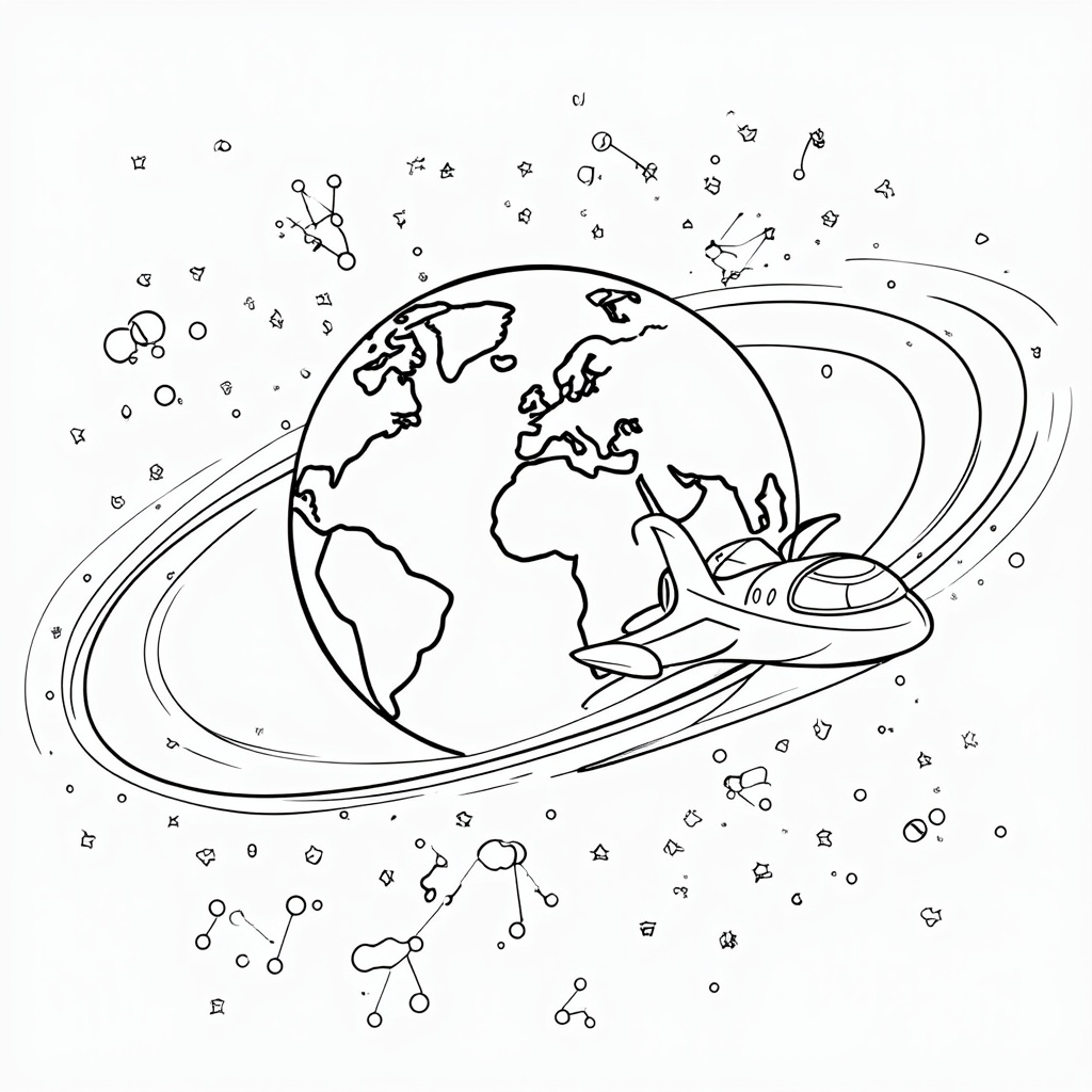 The Starliner spacecraft with a stylized orbital path (e.g., a dashed line or a flowing ribbon) around a simplified globe of Earth. The path could weave through creatively drawn constellations.