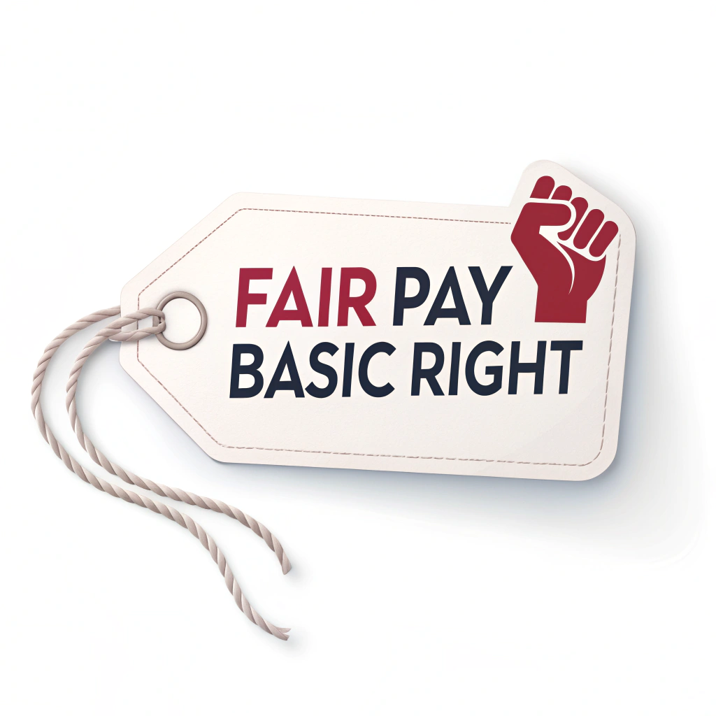 A sticker designed like a price tag, but instead of a price, it reads 'FAIR PAY = BASIC RIGHT'. The string of the tag could subtly form a '1' for May 1st.