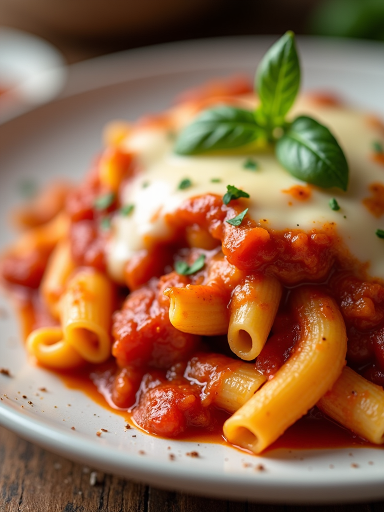 Close-up of a hearty serving of baked ziti on a white ceramic plate, showcasing layers of gooey cheese, tangy tomato marinara sauce, and bits of brown crust from the baking.