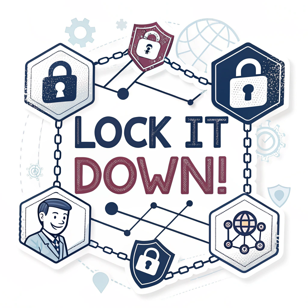 Sub-design 5: A dynamic composition of interconnected digital blocks forming a barrier or wall around a central 'user' icon. Some blocks feature lock symbols or shield icons. The phrase 'Lock It Down!' is integrated into the structure of the blocks in a bold, stencil-like font.