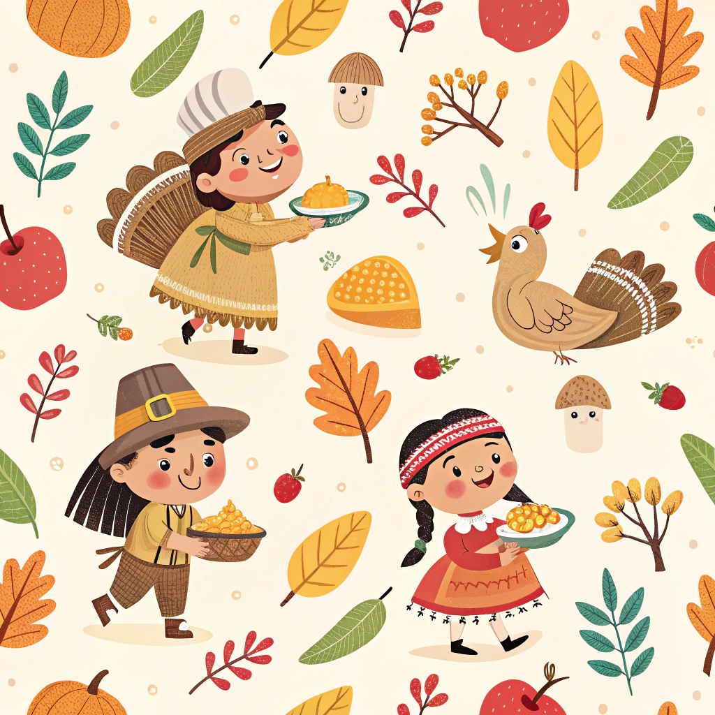 A playful Thanksgiving pattern featuring cartoon-style characters, including smiling turkeys, pilgrim and Native American children sharing a meal of corn and pie. Accompanied by bright leaves and apples, all set on a gentle cream background, encapsulating a story of friendship and harvest.